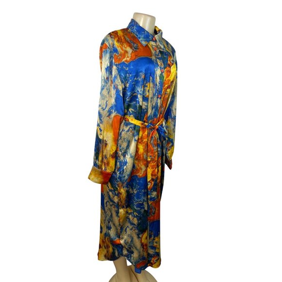 Fashion Nova Abstract Print Long-Sleeve Button-Down Belted Midi Dress Sz L - New - Picture 2 of 9